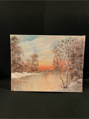 Hand-Painted Winter Landscape Canvas Art in Peach and Blue